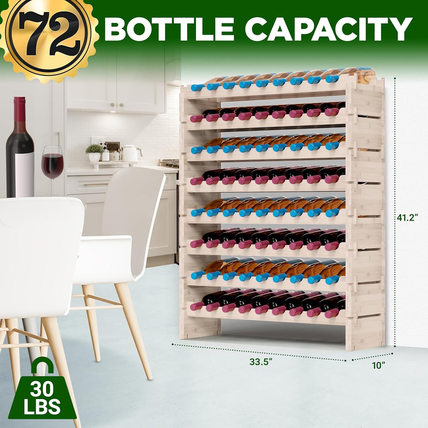 Portabottiglie impilabile per 72 bottiglie, 33,5" x 10" x 42" Scaffale espositivo modulare indipendente per bottiglie di vino a 8 ripiani, struttura in legno di bambù naturale per cucina e cantina