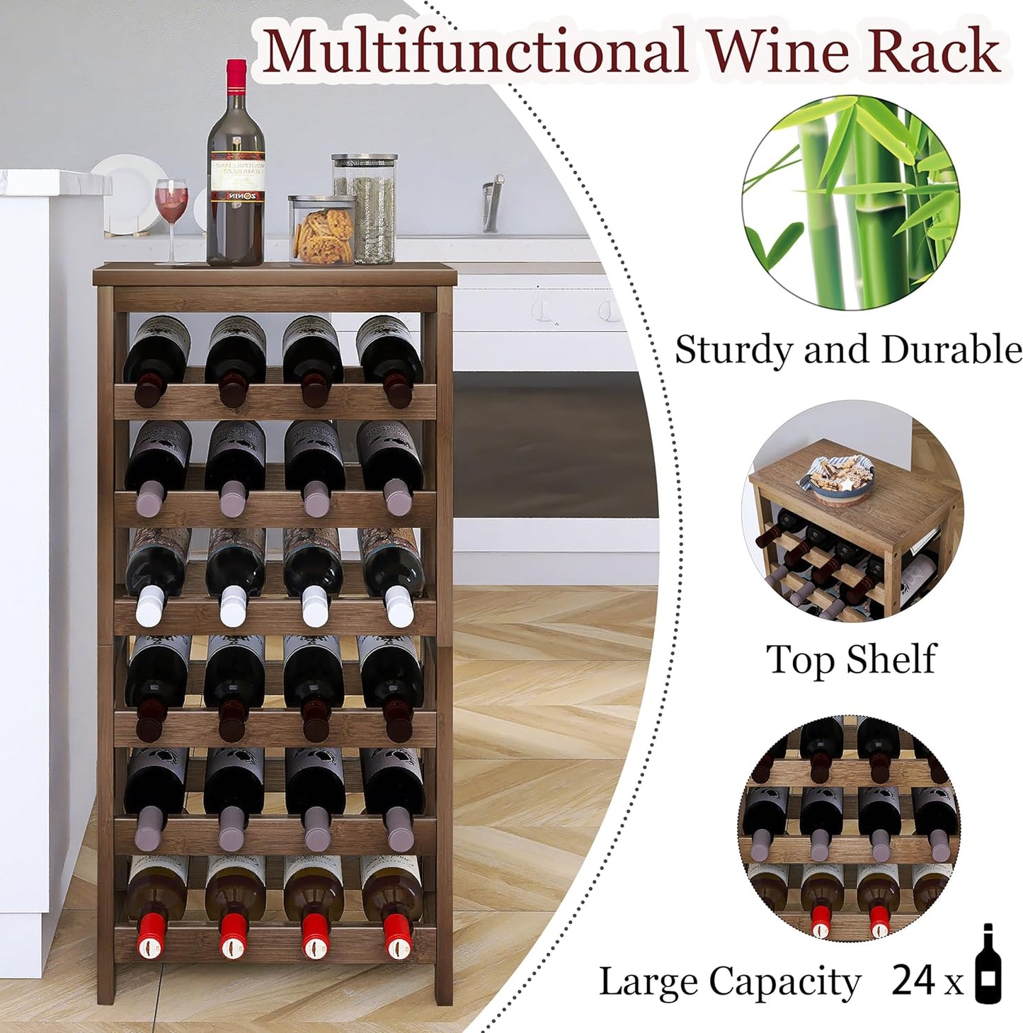 STELLSTAR Scaffalatura per vino per bottiglie da 24 bottiglie Scaffalature in bambù a 6 livelli con portabottiglie di vino da tavolo con ripiani non oscillanti Noce